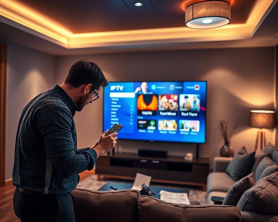 A modern living room featuring a sleek, flat-screen TV installation setup, highlighting a technician in smart casual attire adjusting the TV settings. In the foreground, the technician is focused, with tools like a screwdriver and remote control in hand, while the TV screen displays a vibrant IPTV interface. The middle ground shows a comfortable couch adorned with plush cushions, and a coffee table with a user manual and phone for immediate assistance. The background consists of warm lighting from ceiling fixtures, soft shadows, and a stylish decoration. The atmosphere is inviting and professional, evoking a sense of simplicity and ease in the installation process for high-quality television viewing.