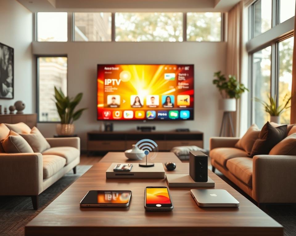 A modern living room featuring a sleek, large-screen television displaying a vibrant IPTV interface, symbolizing multi-device compatibility. In the foreground, a stylish coffee table holds various devices like a smartphone, tablet, and laptop, all connected via wireless streaming. In the middle, a comfortable sofa faces the TV with a cozy ambiance. In the background, large windows let in warm natural light, creating a welcoming atmosphere. The walls are adorned with contemporary art, and soft decorative elements enhance the space. Capture the scene with a slightly angled view that invites the viewer into the room, using soft focus on the background to emphasize the foreground devices, evoking a sense of modern technology integration.