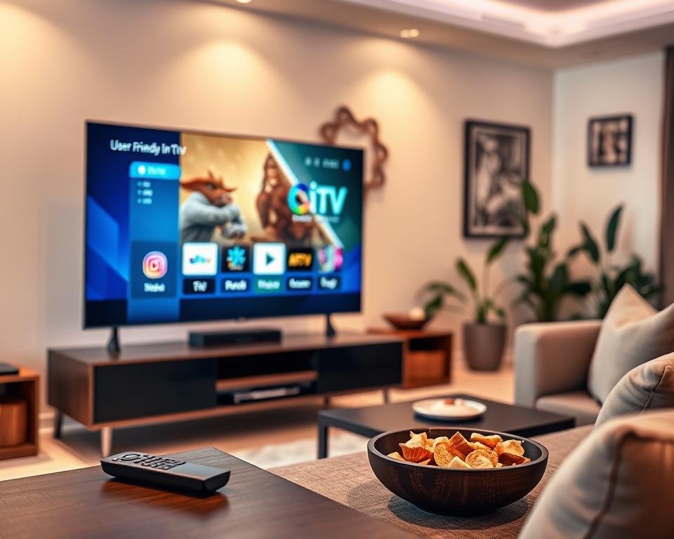 A modern living room featuring a sleek, large smart TV displaying a user-friendly IPTV interface. The foreground shows the smart TV on a stylish entertainment stand, with a remote control placed next to it. In the middle ground, a comfortable couch with neutral-colored cushions invites relaxation, while a coffee table with a bowl of snacks sits nearby. The background features soft, ambient lighting that creates a warm and inviting atmosphere, with decorative wall art and plants enhancing the cozy feel. The scene is viewed from a slightly lower angle, emphasizing the TV and the inviting space, evoking a sense of tech-savvy comfort in home entertainment.