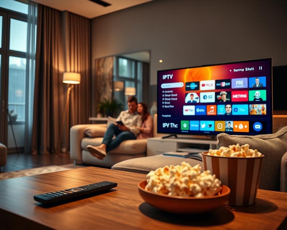 A modern living room featuring a sleek smart TV displaying a vibrant IPTV application interface, showcasing various channels and categories. In the foreground, a stylish coffee table with a remote control and a bowl of popcorn, hinting at a cozy movie night. The middle ground includes a plush sofa with a relaxed couple dressed in smart casual clothes, engaged with the television. The background reveals a warm and inviting ambiance, with soft lighting from floor lamps casting a gentle glow and light streaming through large windows, creating a serene atmosphere. The composition is framed to focus on the technological aspect while exuding comfort and home entertainment vibes.