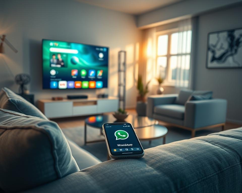 A modern living room featuring a sleek smart TV displaying a vibrant, high-resolution IPTV interface. In the foreground, there’s a cozy sofa with plush cushions and a remote control on the armrest. In the middle, a stylish coffee table holds a smartphone displaying the WhatsApp logo, emphasizing connectivity. Soft ambient lighting casts a warm glow throughout the room, highlighting the home entertainment setup. The background shows a minimalist decor with abstract art on the walls and a sunlit window, creating an inviting atmosphere. Capture this scene in 4K Ultra HD to showcase the advanced technical features of IPTV.