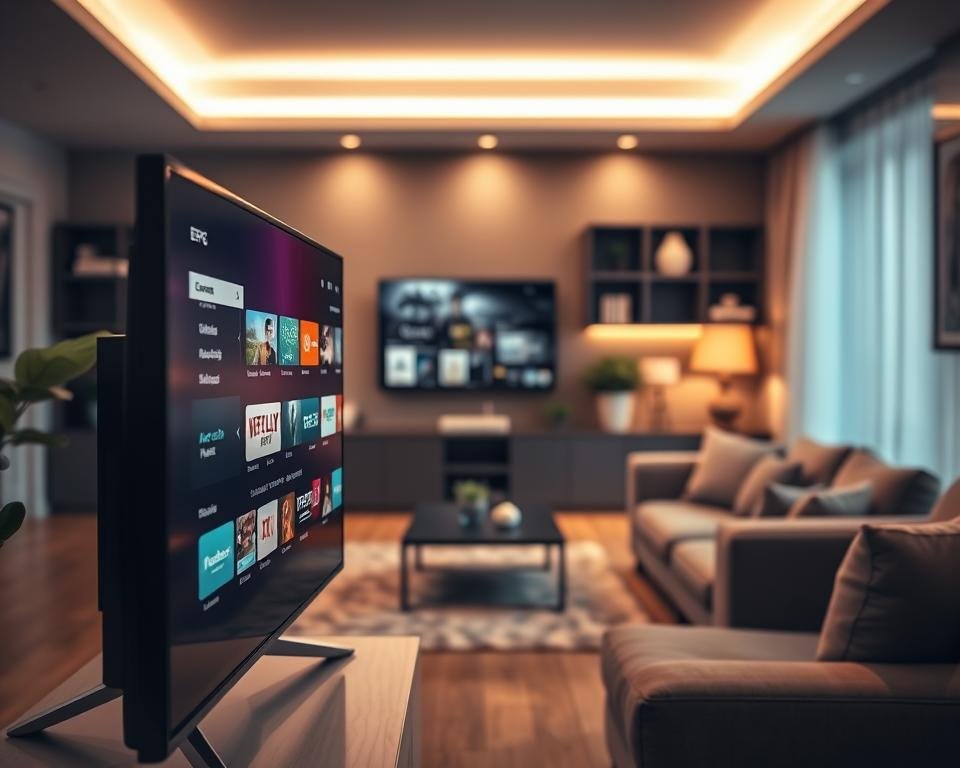 A modern living room featuring a sleek television displaying an electronic program guide (EPG) interface. The foreground showcases the TV screen with a colorful, user-friendly EPG layout showing various channels and program information, designed for easy navigation. In the middle, plush furniture includes a stylish sofa and a coffee table, creating a cozy atmosphere. Soft, ambient lighting highlights the room, giving it a warm and inviting feel. The background includes a bookshelf and decorative plants, enhancing the homey vibe. The scene is shot from a slight angle to emphasize the TV and provide depth, with a cinematic depth of field blurring the background slightly to draw focus to the EPG. The overall mood is modern and comfortable, illustrating the concept of integrated electronic programming in home entertainment.