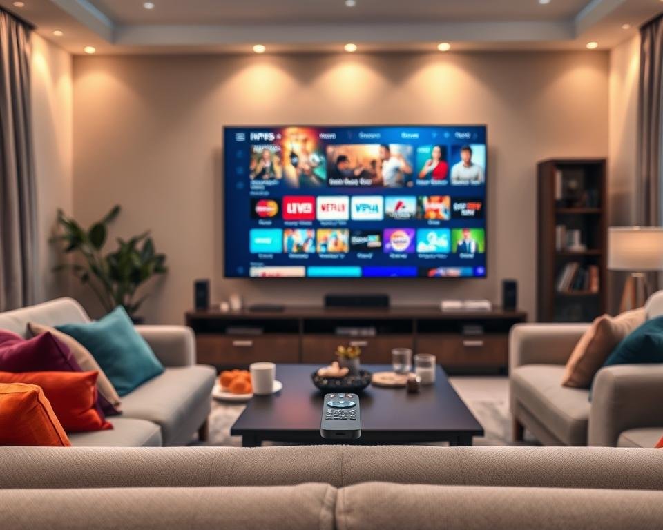 A modern living room featuring a sleek television displaying various streaming platforms, symbolizing the benefits of IPTV services. In the foreground, a comfortable sofa with colorful cushions and a stylish coffee table holding snacks and drinks. In the middle, a remote control lies on the table, suggesting ease of use. The background includes a wall-mounted TV with vibrant images showcasing different streaming options like movies, sports, and news. Soft, ambient lighting creates a cozy atmosphere, with gentle shadows enhancing the room's depth. A wide-angle perspective captures the entire scene, highlighting a feeling of convenience and modern entertainment. The overall mood is inviting, illustrating the comfort and flexibility of IPTV TV Pro without any text or distractions.
