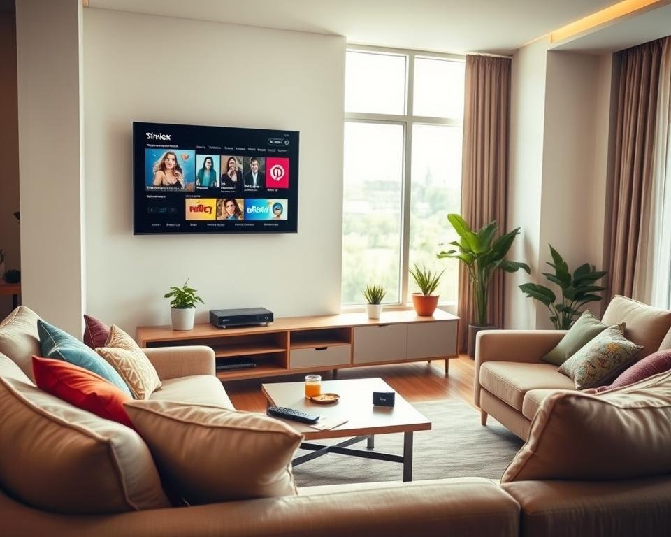 A modern living room featuring a sleek television mounted on the wall, displaying various streaming options to symbolize the advantages of a TV subscription. In the foreground, a cozy sofa with colorful cushions invites viewers to relax, while a coffee table holds a remote control and snacks. In the middle ground, a stylish entertainment center showcases an IPTV device and decorative plants. The background shows large windows letting in soft, natural light, creating a warm and inviting atmosphere. The mood is relaxed and family-friendly, ideal for enjoying a subscription service. Capture the scene from a slightly elevated angle to encompass both the entertainment setup and the inviting ambiance of the room, using bright and balanced lighting to enhance the inviting atmosphere. A modern living room featuring a sleek television mounted on the wall, displaying various streaming options to symbolize the advantages of a TV subscription. In the foreground, a cozy sofa with colorful cushions invites viewers to relax, while a coffee table holds a remote control and snacks. In the middle ground, a stylish entertainment center showcases an IPTV device and decorative plants. The background shows large windows letting in soft, natural light, creating a warm and inviting atmosphere. The mood is relaxed and family-friendly, ideal for enjoying a subscription service. Capture the scene from a slightly elevated angle to encompass both the entertainment setup and the inviting ambiance of the room, using bright and balanced lighting to enhance the inviting atmosphere.