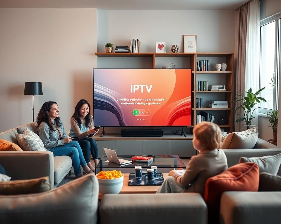 A modern living room featuring a sleek television prominently displaying an IPTV activation screen. In the foreground, a family of three—mom, dad, and a child—are sitting on a comfortable sofa, all engaging with a remote control and smiling, dressed in casual, professional attire. The middle ground includes a stylish coffee table adorned with snacks and a laptop, symbolizing tech-savvy entertainment. The background shows a cozy shelf filled with books and decorative items, with soft, natural light streaming through a large window. The atmosphere is warm and inviting, emphasizing the excitement of immediate activation and seamless viewing experiences. The scene captures a sense of togetherness and enjoyment in a modern setting, with a focus on the television as the focal point. A modern living room featuring a sleek television prominently displaying an IPTV activation screen. In the foreground, a family of three—mom, dad, and a child—are sitting on a comfortable sofa, all engaging with a remote control and smiling, dressed in casual, professional attire. The middle ground includes a stylish coffee table adorned with snacks and a laptop, symbolizing tech-savvy entertainment. The background shows a cozy shelf filled with books and decorative items, with soft, natural light streaming through a large window. The atmosphere is warm and inviting, emphasizing the excitement of immediate activation and seamless viewing experiences. The scene captures a sense of togetherness and enjoyment in a modern setting, with a focus on the television as the focal point.