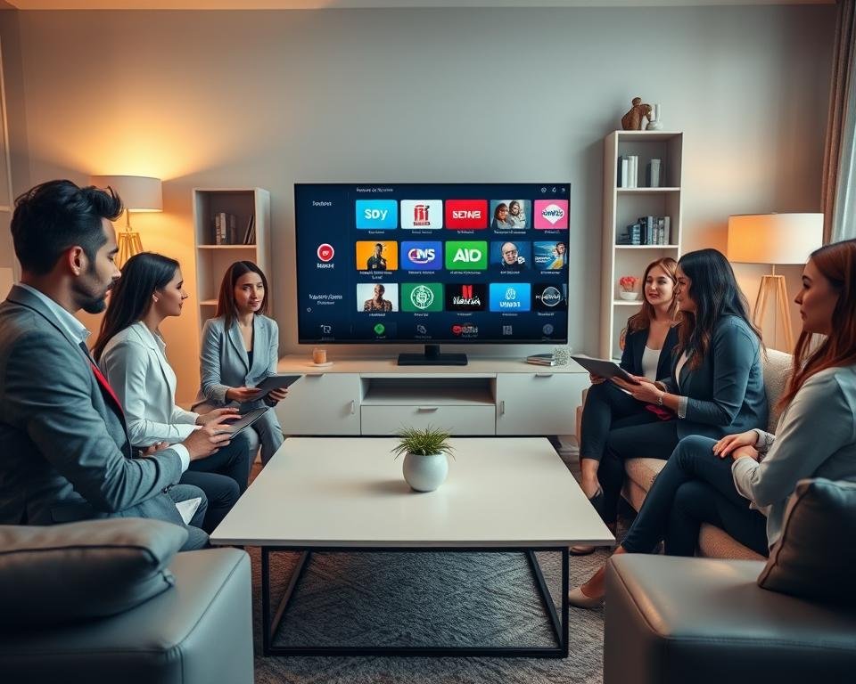 A modern living room scene designed to illustrate the topic of choosing an IPTV subscription. In the foreground, a diverse group of three people, a man and two women, are gathered around a sleek coffee table, each holding a tablet or laptop, engaged in a discussion. They are dressed in professional business attire, looking focused and engaged. In the middle, a large flat-screen TV displays colorful icons representing various streaming channels, highlighting the IPTV experience. The background features a cozy setting with soft, warm lighting from floor lamps, and a bookshelf filled with entertainment-related books and decorative items, creating an inviting atmosphere. The angle is slightly elevated, capturing the dynamic interaction among the group while emphasizing the technology involved in IPTV subscriptions.