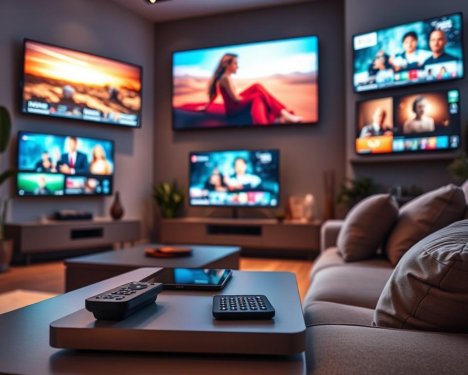 A modern living room scene featuring a seamless array of screens displaying vibrant IPTV content. In the foreground, a sleek coffee table holds a stylish remote and a tablet, while a cozy sofa with soft cushions invites viewers to relax. In the middle background, large televisions and monitors are mounted on the walls, showcasing various channels and entertainment options available with multi-screen IPTV subscriptions. Soft, warm lighting illuminates the space, creating a welcoming atmosphere. The room is decorated with contemporary art and plants, enhancing its modern feel. The angle of the shot is slightly elevated, providing a sense of depth and framing the multi-screen experience effectively, while conveying the convenience and luxury of premium IPTV service.