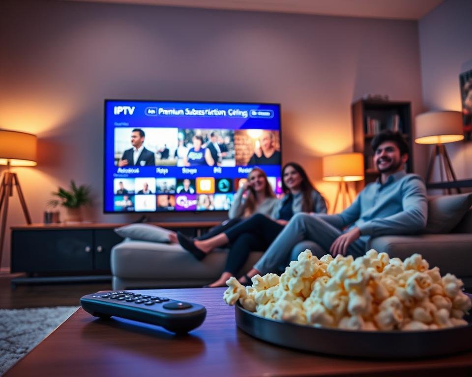 A modern living room scene featuring a sleek television displaying vibrant IPTV content, emphasizing premium subscription offerings. In the foreground, a stylish coffee table is adorned with a remote control and popcorn, inviting viewers to enjoy their entertainment. The middle ground showcases a comfortable sofa with a couple of individuals dressed in smart casual attire, engaged in watching the TV with smiles, conveying excitement and satisfaction. The background should include warm lighting from lamps cast a cozy glow, and decorative elements like a plant and shelving with books to create a homely atmosphere. Use a wide-angle lens for depth, capturing both the cozy ambiance and the engaging television experience, evoking a sense of modern lifestyle and premium entertainment.