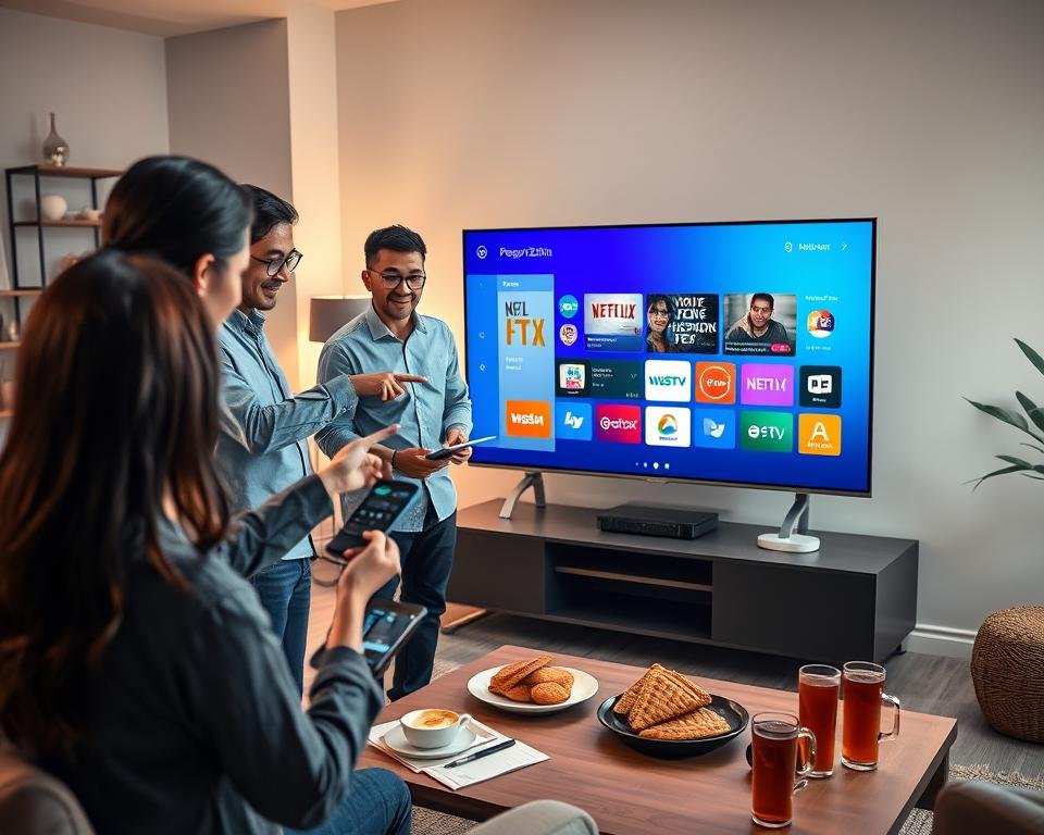 A modern living room scene focused on a sleek smart TV displaying a vibrant interface of a personalization application for IPTV streaming. In the foreground, a diverse group of three individuals dressed in smart casual attire, eagerly interacting with the TV using a remote. The first person, a woman with dark hair, points excitedly at the screen, while a man with glasses examines the interface on a tablet. The third individual, a woman of Asian descent, takes notes on a notepad. The middle ground shows a stylish coffee table with snacks and drinks, creating a welcoming atmosphere. Soft, warm lighting from a nearby window fills the room, enhancing a cozy, engaging mood. The background features shelves with modern decor, further emphasizing a tech-savvy environment.
