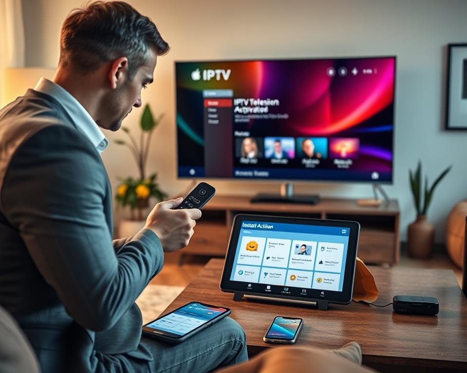 A modern living room scene focused on activating a television service. In the foreground, a well-dressed professional man in business attire is holding a remote, intently looking at a sleek, flat-screen TV displaying an alluring interface of an IPTV service with vibrant colors. In the middle ground, a stylish coffee table holds a tablet showing the IPTV subscription options, alongside a smartphone with an active call, hinting at instant activation support. Soft, warm lighting illuminates the room, creating a cozy atmosphere. The background features a contemporary decor with plants and art, giving a sense of sophistication and comfort. Capture the excitement of seamless technology integration in a residential setting.