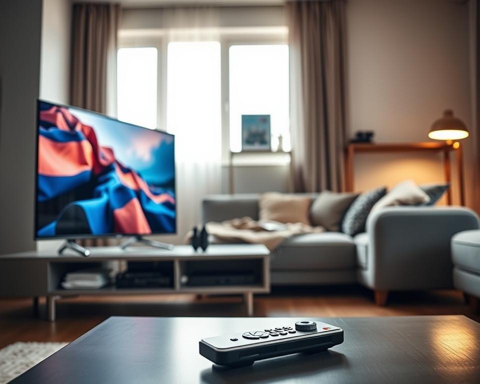 A modern living room scene showcasing a sleek, minimalist setup for IPTV. In the foreground, a stylish flat-screen TV displays vibrant 4K imagery, with a remote control placed on a contemporary coffee table. The middle ground features a comfortable sofa with a cozy throw and pillows, inviting viewers to relax. A small shelf holds a set-top box and a glimpse of various streaming device logos. The background reveals a well-lit window with soft natural light filtering in, creating a warm, inviting atmosphere. The scene is captured from a slightly elevated angle to emphasize the configuration simplicity, with a slight depth of field to keep the focus on the IPTV setup. The overall mood is tech-savvy yet accessible, reflecting ease of use and modern living.