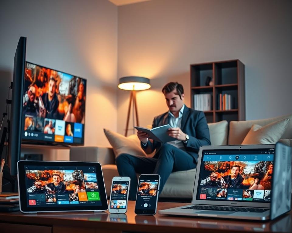 A modern living room scene showcasing compatibility with various devices. In the foreground, a sleek smart TV displays vibrant IPTV content. Next to it, a tablet, a smartphone, and a laptop are arranged, each featuring the streaming interface. The middle ground features a cozy sofa where a professional individual, dressed in smart casual attire, is engaged with their tablet, highlighting versatility. The background shows soft lighting from a stylish lamp and a minimalist bookshelf, creating a warm, inviting atmosphere. The camera angle captures a slight downward view to include all devices prominently, emphasizing connectivity. The overall mood is one of convenience and modern living, perfect for showcasing technology integration in everyday life.