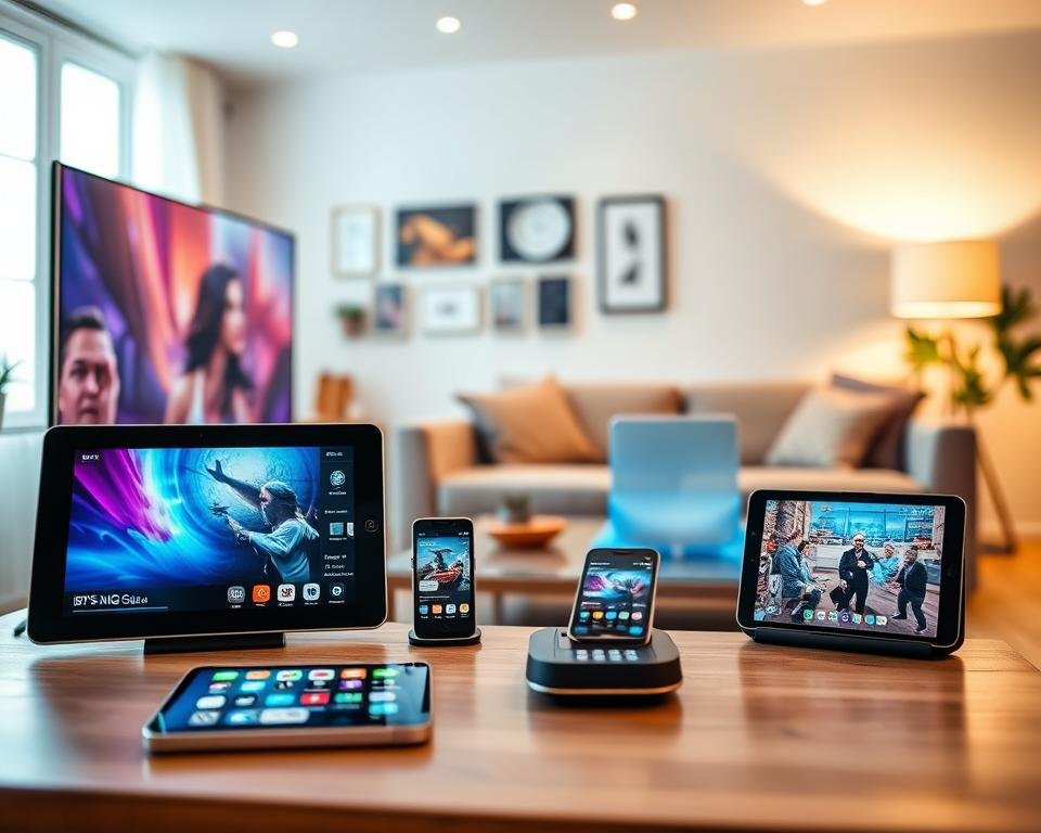 A modern living room scene showcasing various devices compatible with IPTV services. In the foreground, a sleek, flat-screen TV displays vibrant, high-quality visuals. Beside it, a tablet and a smartphone show streaming apps in use. In the middle, a stylish sofa is complemented by a laptop resting on a coffee table, all exuding a tech-savvy atmosphere. The background features a well-lit room with soft, ambient lighting, creating a cozy and inviting mood. A large window lets in natural light, enhancing the feeling of comfort and accessibility. Capture the essence of compatibility with warm colors and modern design, emphasizing the devices and their integration into daily life. Ensure soft focus around the edges to center attention on the technology.