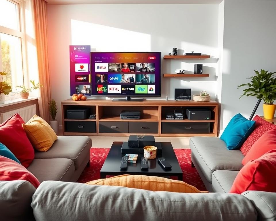 A modern living room setting designed for enjoying IPTV services, featuring a sleek television displaying various streaming platforms. In the foreground, a comfortable sofa with colorful cushions invites viewers to relax and enjoy. The middle area shows a stylish coffee table with remote controls and snacks, enhancing the home entertainment vibe. Behind the sofa, a well-organized shelf showcases gadgets like a set-top box and streaming devices, with legal branding elements subtly integrated into the decor. Natural light streams in through a large window, creating a warm and inviting atmosphere. The color palette is vibrant yet soothing, evoking a sense of modern technology and leisure. The angle is slightly elevated, providing a comprehensive view of the entire setup, portraying the essence of legal French IPTV services. A modern living room setting designed for enjoying IPTV services, featuring a sleek television displaying various streaming platforms. In the foreground, a comfortable sofa with colorful cushions invites viewers to relax and enjoy. The middle area shows a stylish coffee table with remote controls and snacks, enhancing the home entertainment vibe. Behind the sofa, a well-organized shelf showcases gadgets like a set-top box and streaming devices, with legal branding elements subtly integrated into the decor. Natural light streams in through a large window, creating a warm and inviting atmosphere. The color palette is vibrant yet soothing, evoking a sense of modern technology and leisure. The angle is slightly elevated, providing a comprehensive view of the entire setup, portraying the essence of legal French IPTV services.