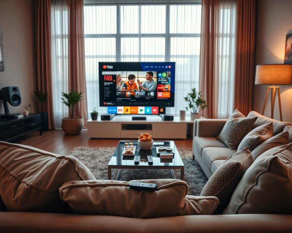 A modern living room setting designed for optimal streaming experience. In the foreground, a sleek, large smart TV displays a vibrant, high-definition streaming interface, reflecting dynamic graphics and images. A plush, comfortable sofa adorned with stylish cushions faces the TV, inviting viewers to relax. In the middle, a stylish coffee table holds an array of remote controls and snacks, enhancing the cozy atmosphere. The background features large windows allowing natural light to pour in, with soft curtains gently swaying. Warm, ambient lighting creates an inviting mood, perfect for an enjoyable streaming session. The scene is captured from a low angle, emphasizing the depth of the room and the immersive experience of home entertainment.