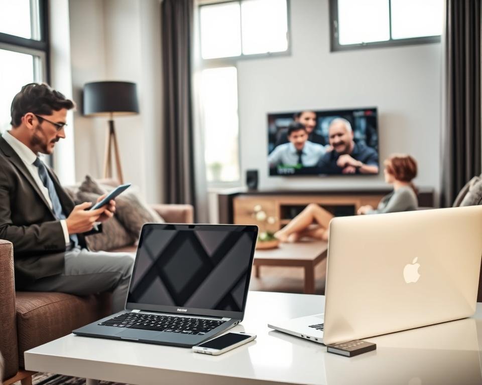 A modern living room setting featuring a diverse group of people comfortably engaging with various devices that support IPTV. In the foreground, a man in a professional outfit is using a tablet, while a woman in smart casual attire watches a smart TV mounted on the wall. In the middle, a laptop is open on a coffee table, showing IPTV content, while a smartphone lies nearby. The background showcases stylish decor, with soft lighting creating a warm and inviting atmosphere. Natural light filters in through large windows, casting gentle shadows. The overall mood is one of connectivity and enjoyment, highlighting the compatibility of IPTV across multiple devices.