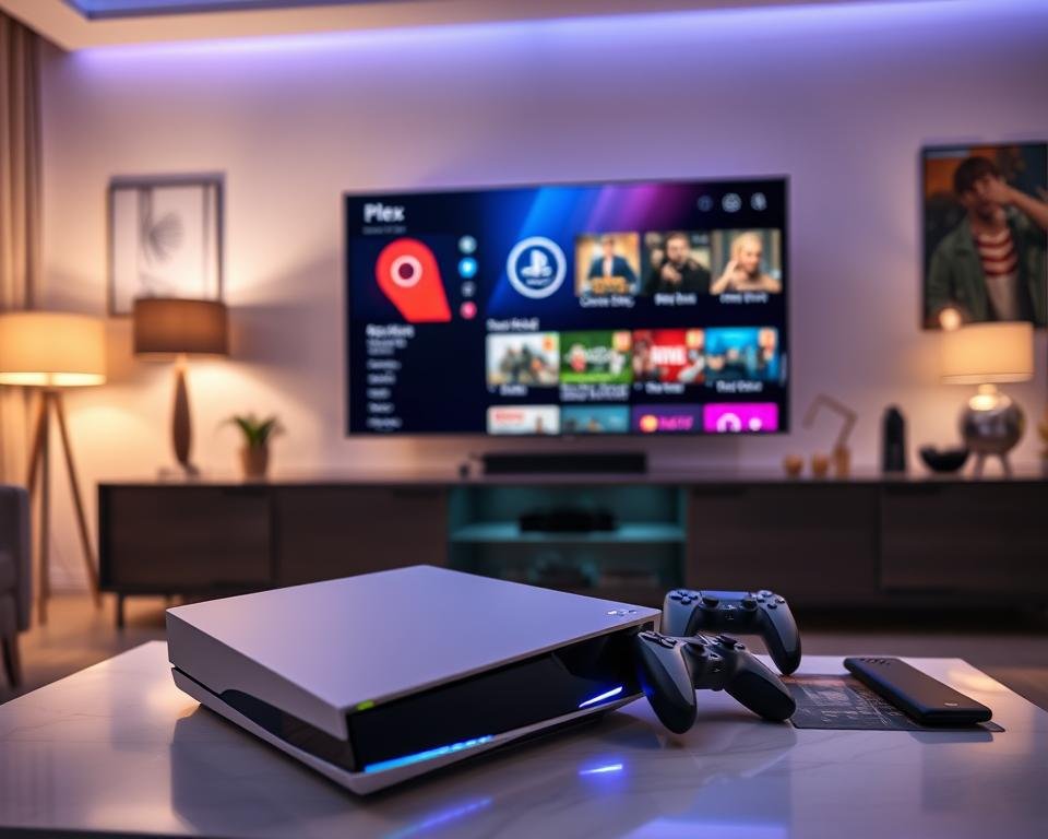 A modern living room setting featuring a sleek Sony PS5 console prominently displayed on a stylish media console. The foreground includes a close-up of the PS5 with its minimalist design and glowing LED lights. In the middle, there’s a large flat-screen TV showcasing the Plex interface with vibrant colors and engaging media choices. Surrounding the PS5, there are organized game controllers, game discs, and a smart remote, demonstrating an inviting gaming atmosphere. The background consists of inviting decor with soft lighting from lamps and ambient LED strips, creating a cozy yet high-tech environment. The overall mood is immersive and modern, highlighting the advanced technology of IPTV configuration with Plex on the PS5, captured from a slightly elevated angle as if looking down at the setup.