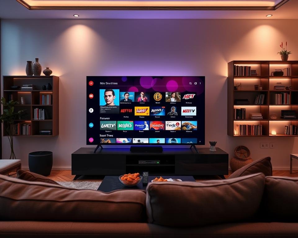 A modern living room setting featuring a sleek flat-screen TV streaming IPTV content. In the foreground, a comfortable sofa with a remote control and snacks, inviting relaxation. The middle layer showcases the TV displaying an array of vibrant IPTV channel icons and features like live TV, movies, and sports, highlighting advanced functionalities. The background consists of stylish shelves with books and decor, softly illuminated by ambient lighting for a cozy yet tech-savvy atmosphere. The room is designed in a contemporary style with minimalistic furniture and a large window letting in natural light. The mood is engaging and relaxed, emphasizing the seamless experience of watching IPTV Smarters Pro.