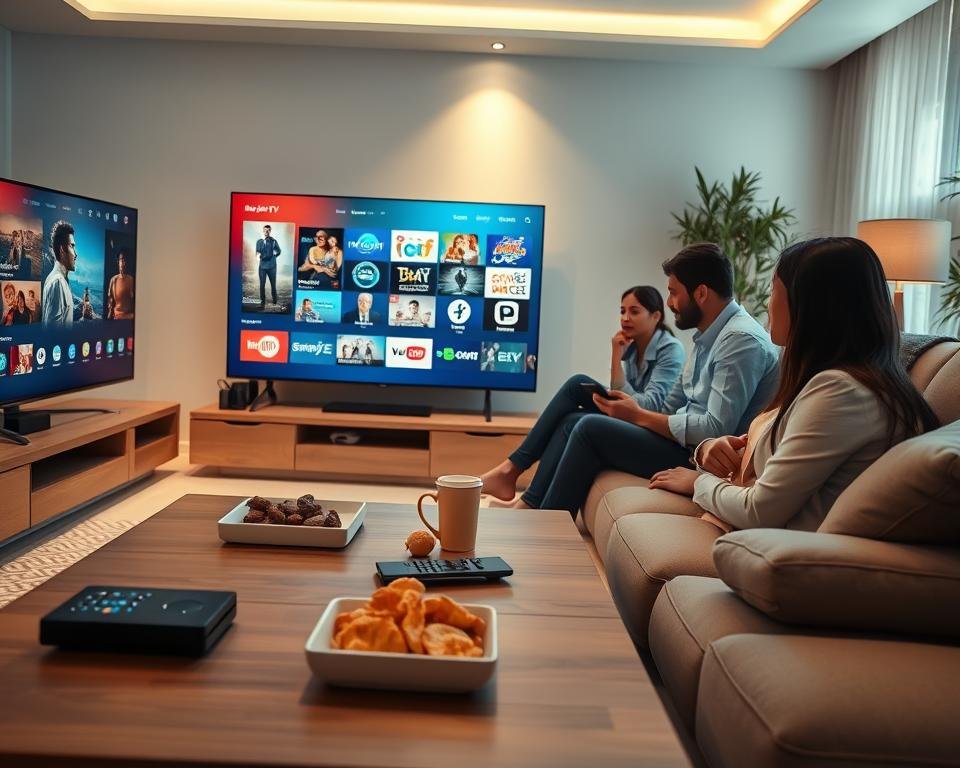 A modern living room setting featuring a sleek, large flat-screen TV displaying an interface of an IPTV service with vibrant international channels. In the foreground, a stylish coffee table adorned with remote controls and snacks reflects casual viewing. The middle ground reveals a comfortable sofa occupied by a diverse group of three professionals in smart-casual attire, engrossed in their device, showcasing the family-friendly aspect of IPTV. In the background, a warm ambiance is created with soft lighting and decorative elements that emphasize a cozy, inviting environment. The scene should evoke a sense of connection and entertainment, suggesting why choosing this premium IPTV service enhances home viewing experiences.