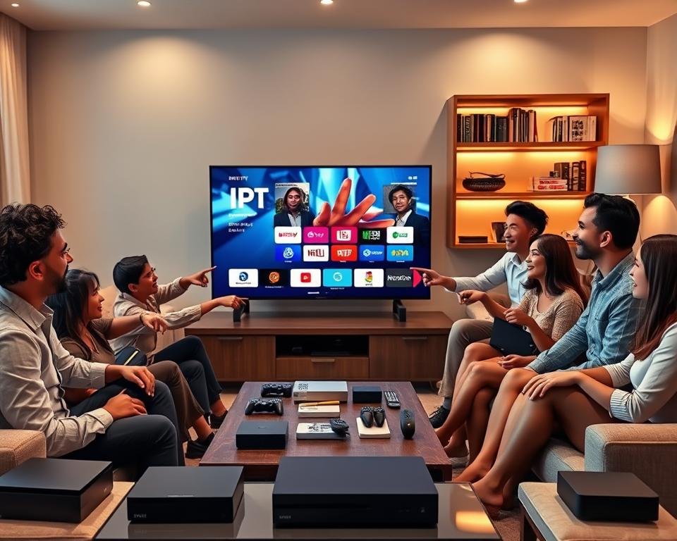 A modern living room setting featuring a sleek smart TV displaying a vibrant IPTV interface, surrounded by a variety of streaming devices like a streaming box, smart speakers, and a gaming console. In the foreground, a diverse group of individuals of various ethnicities dressed in casual professional attire, such as collared shirts and dresses, are comfortably seated on a stylish sofa, pointing towards the TV with expressions of interest. The middle ground includes a coffee table with an assortment of remote controls and devices, while the background shows a cozy ambiance with soft, warm lighting, highlighting shelves filled with books and decorative items. The scene captures a friendly and engaging atmosphere, emphasizing the compatibility of streaming devices.