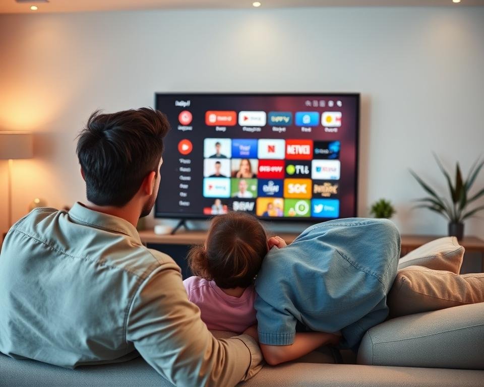 A modern living room setting, showcasing a family comfortably watching an IPTV service on a large flat-screen television. The foreground features a couple and their child, dressed in casual but neat clothing, expressing joy and engagement as they watch their favorite show. In the middle, the sleek TV displays an attractive interface of various channels, glowing softly in warm light. The background includes a cozy sofa, decorative plants, and soft lighting that creates an inviting atmosphere. The scene should evoke a sense of satisfaction and excitement about IPTV services, with natural colors and a well-lit environment that enhances the mood of family bonding and entertainment.