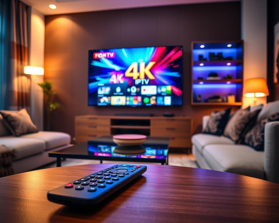 A modern living room setting, showcasing a stylish flat-screen TV prominently displaying a vivid 4K IPTV channel with vibrant colors. In the foreground, a sleek remote control rests on a contemporary coffee table, surrounded by a cozy atmosphere with soft lighting. The middle ground features a comfortable sofa with decorative cushions, emphasizing relaxation and entertainment. In the background, a shelf displays various tech gadgets, hinting at modern living. Bright, warm lighting creates an inviting mood, with soft shadows enhancing the three-dimensional feel of the space. The angle is from a slightly elevated position, capturing the overall ambiance of home entertainment.