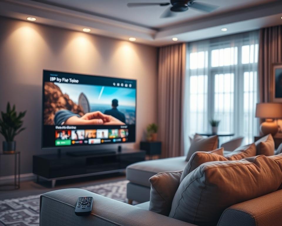 A modern living room setting showcasing premium IPTV streaming service quality. In the foreground, a sleek, high-definition television displays vibrant streaming content, with a stylish remote control nearby. The middle layer features a cozy sofa adorned with plush cushions, inviting viewers to relax and engage with the entertainment. In the background, soft ambient lighting creates a warm and inviting atmosphere, highlighting elegant decor and framed artwork. Large windows allow gentle natural light to filter in, enhancing the room's elegance. The mood conveys luxury and comfort, emphasizing an exceptional viewing experience. The image should be well-composed, with a focus on clarity and detail, creating an ambiance of premium service without any text or distractions.