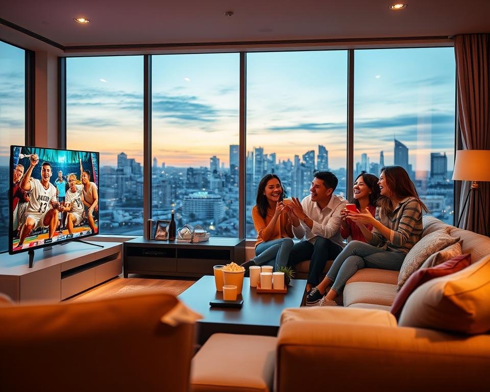 A modern living room setting showcasing the advantages of IPTV in 2024. In the foreground, a stylish flat-screen TV displays vibrant streaming content, surrounded by a comfortable sofa and a coffee table with popcorn and drinks. In the middle, a group of four diverse friends, dressed in casual but professional attire, are enjoying a game night, laughing and cheering, clearly engaged with the TV. Soft, warm lighting enhances a cozy atmosphere, with a large window in the background revealing a city skyline at dusk. The scene captures the joy and social connection brought by IPTV subscriptions, emphasizing entertainment and shared experiences in a contemporary home. The angle is slightly elevated, providing a panoramic view that blends the warmth of the home with the excitement of modern technology.