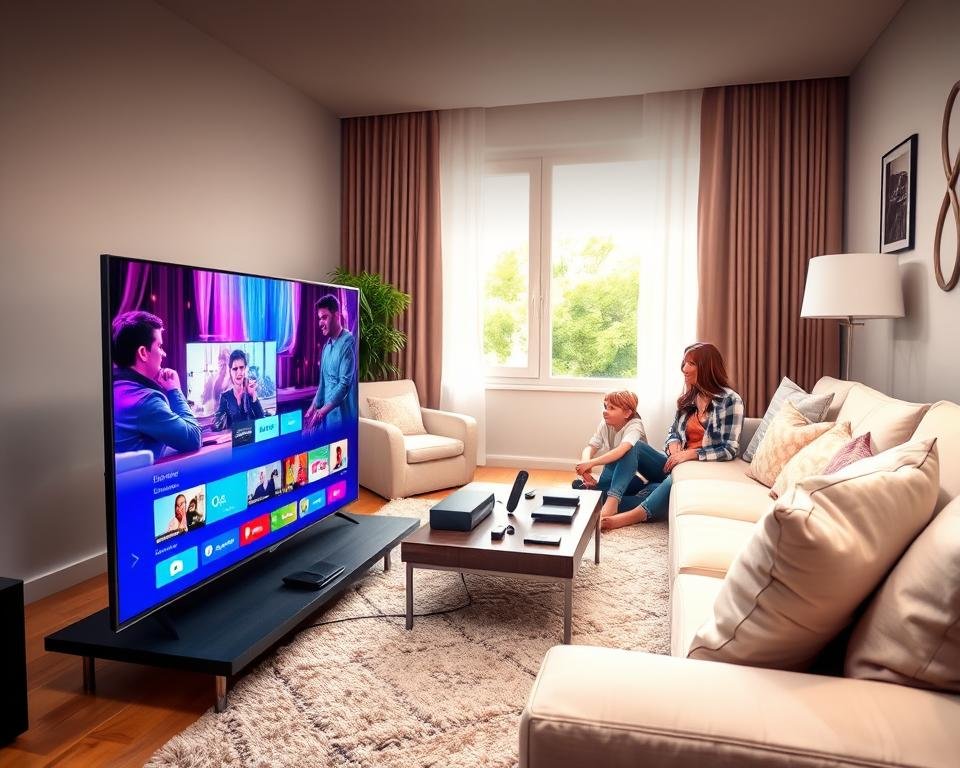 A modern living room setting showcasing the advantages of IPTV services. In the foreground, a sleek smart TV displaying vibrant streaming visuals, with a comfortable sofa and a cozy rug. In the middle, a coffee table adorned with various streaming devices and a remote control, emphasizing ease of use. The background features a window with natural sunlight streaming in, creating a warm and inviting atmosphere. Soft pastel colors dominate the room, enhancing a feeling of relaxation. The scene is illuminated by soft, diffused lighting to create a welcoming mood. The image captures the essence of convenience and entertainment offered by affordable IPTV services, depicting a family enjoying quality time together. A modern living room setting showcasing the advantages of IPTV services. In the foreground, a sleek smart TV displaying vibrant streaming visuals, with a comfortable sofa and a cozy rug. In the middle, a coffee table adorned with various streaming devices and a remote control, emphasizing ease of use. The background features a window with natural sunlight streaming in, creating a warm and inviting atmosphere. Soft pastel colors dominate the room, enhancing a feeling of relaxation. The scene is illuminated by soft, diffused lighting to create a welcoming mood. The image captures the essence of convenience and entertainment offered by affordable IPTV services, depicting a family enjoying quality time together.