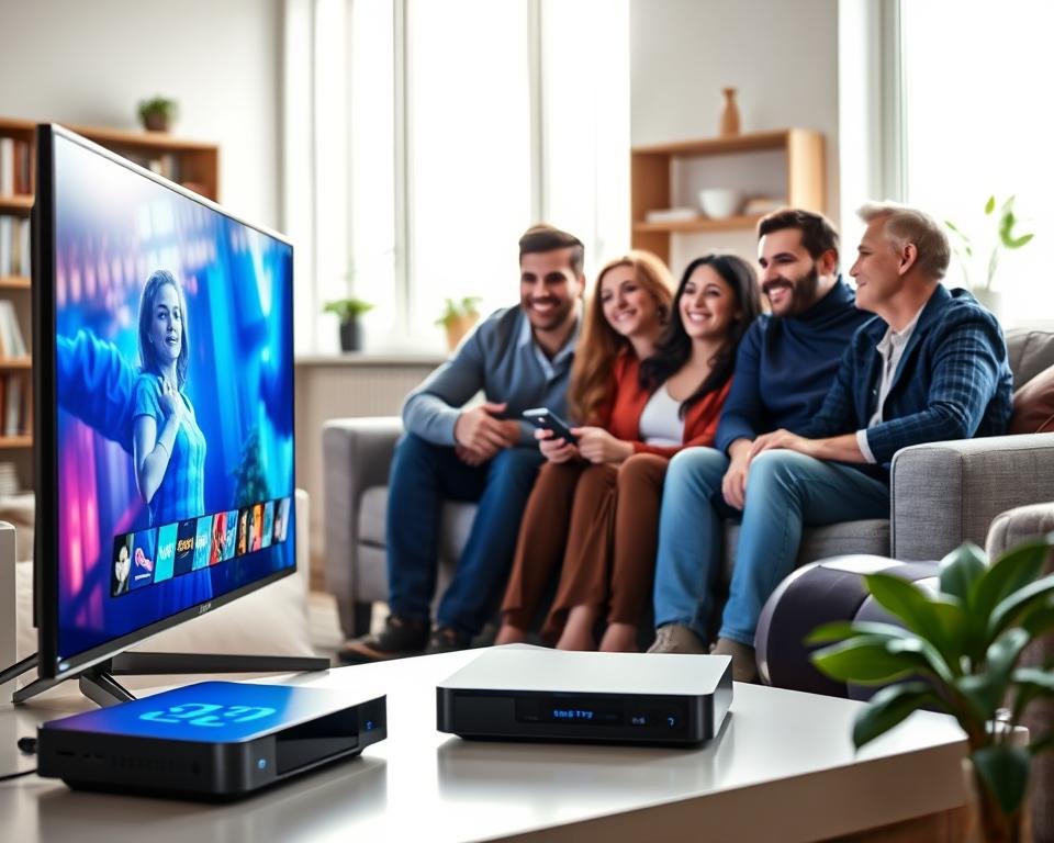 A modern living room setting showcasing the advantages of IPTV subscription. In the foreground, a sleek smart TV displaying vibrant, high-definition streaming content. To the side, a user-friendly streaming device with a glowing interface. In the middle, a family of four, dressed in smart casual attire, enjoying their viewing experience together on a comfortable sofa, with one person holding a remote. Natural light pours in through large windows, enhancing the warm and inviting atmosphere. In the background, shelves filled with DVDs and decor add a personal touch, while a subtle green plant brings life to the scene. The overall mood is friendly and engaging, emphasizing the exceptional quality and benefits of IPTV services.
