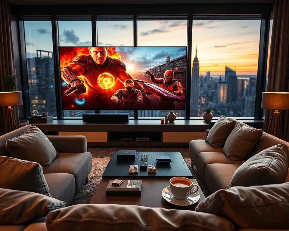 A modern living room setting showcasing the ultimate 4K streaming experience. In the foreground, a sleek, large 4K television displays vibrant, high-definition images of a blockbuster movie scene, drawing attention with its lifelike colors. A cozy, stylish couch invites viewers, adorned with plush cushions. In the middle ground, a coffee table holds remote controls, snacks, and a steaming cup of coffee, enhancing the comfort of the scene. The background features subtle, soft lighting from modern lamps, creating a warm, inviting atmosphere. A large window reveals a city skyline at dusk, casting a soft glow. The overall mood is relaxed and immersive, emphasizing the joy of high-quality streaming at home. A modern living room setting showcasing the ultimate 4K streaming experience. In the foreground, a sleek, large 4K television displays vibrant, high-definition images of a blockbuster movie scene, drawing attention with its lifelike colors. A cozy, stylish couch invites viewers, adorned with plush cushions. In the middle ground, a coffee table holds remote controls, snacks, and a steaming cup of coffee, enhancing the comfort of the scene. The background features subtle, soft lighting from modern lamps, creating a warm, inviting atmosphere. A large window reveals a city skyline at dusk, casting a soft glow. The overall mood is relaxed and immersive, emphasizing the joy of high-quality streaming at home.