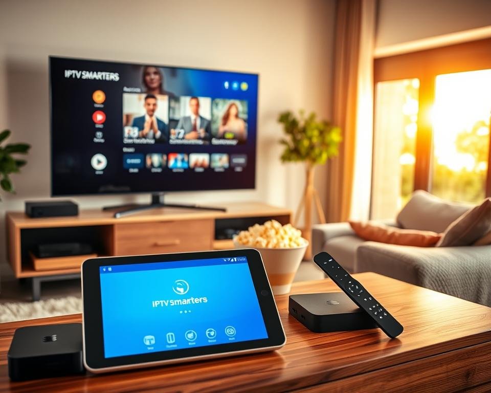 A modern living room setting showcasing various compatible devices for a streaming application. In the foreground, a sleek Android TV sits on a stylish media console, surrounded by a streaming box and a tablet displaying the IPTV Smarters app. The middle layer features a cozy sofa with a remote control and a bowl of popcorn, inviting viewers to enjoy their favorite shows. In the background, a bright window allows warm afternoon light to illuminate the space, enhancing the inviting atmosphere. The composition captures a tech-savvy environment, emphasizing comfort and connectivity. The image should be balanced and well-lit, conveying a sense of relaxation and entertainment.