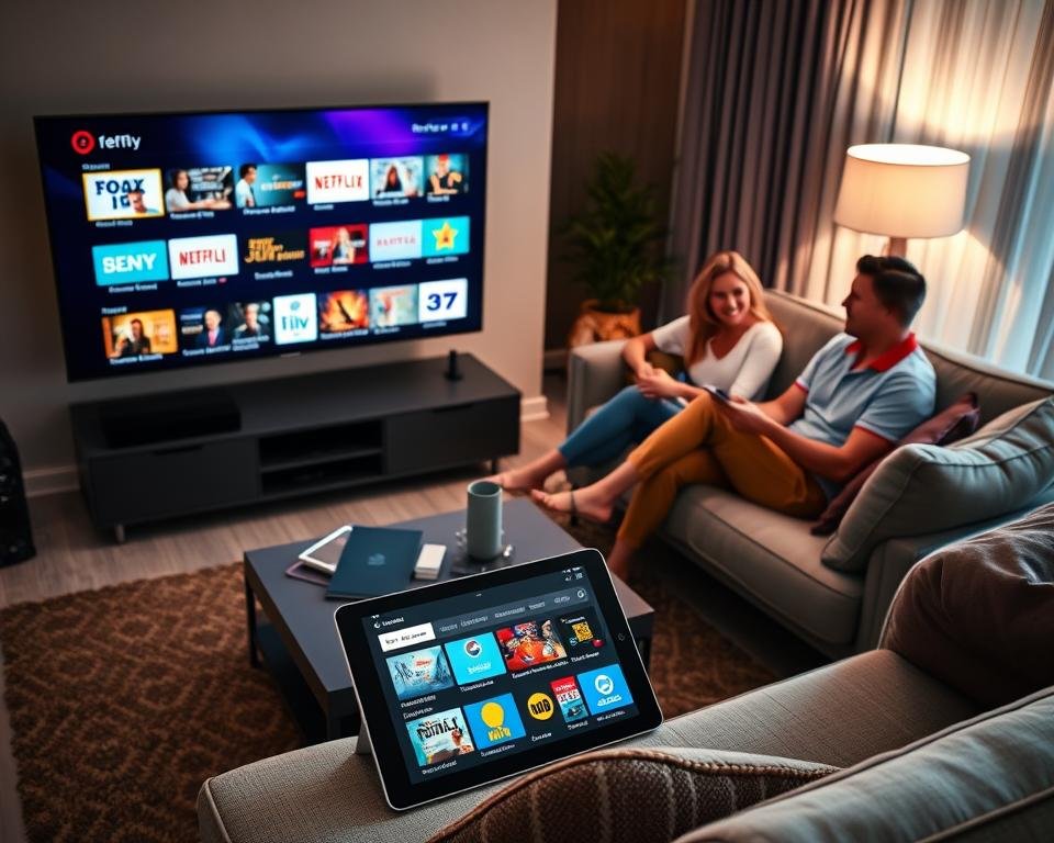 A modern living room setting showcasing various screens streaming content. In the foreground, a sleek smart TV displays an array of colorful streaming service icons related to IPTV subscriptions. A tablet on a coffee table shows a user-friendly interface for subscription selection. The middle ground features a stylish sofa with family members or friends (dressed casually but appropriately) animatedly discussing their preferred shows, creating a sense of engagement. The background includes a soft glow from lamp lighting, setting a cozy yet sophisticated atmosphere. Use a high-angle perspective to capture the entire scene, emphasizing the warm, inviting ambiance that reflects the theme of versatile IPTV subscriptions for all needs.