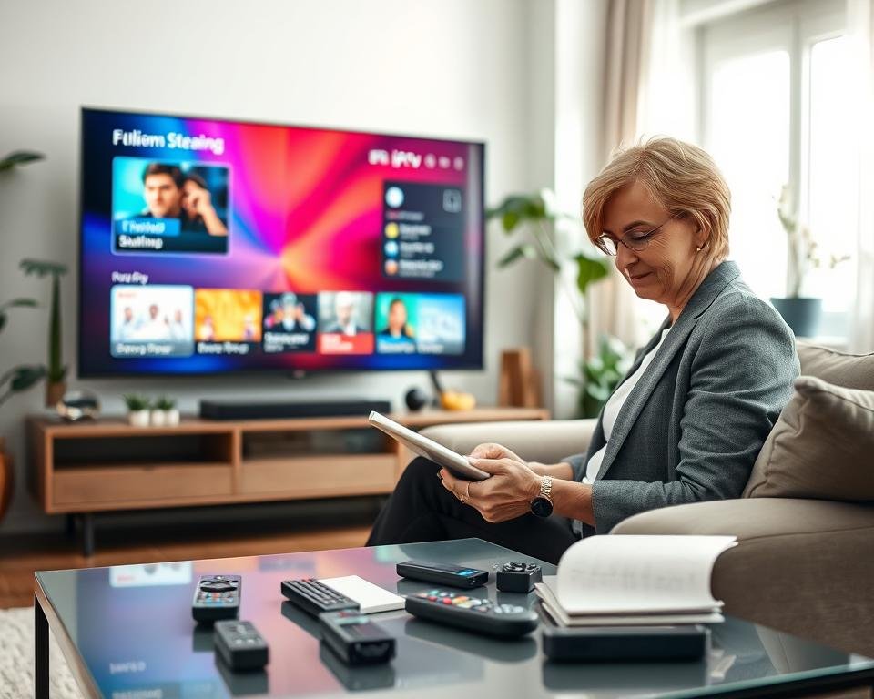 A modern living room setting with a large Smart TV displaying a vibrant IPTV streaming interface. In the foreground, a middle-aged woman in business casual attire is seated on a comfortable sofa, intently troubleshooting common streaming issues on her tablet. She has a focused expression, emphasizing her problem-solving approach. The middle ground features a sleek coffee table cluttered with various remote controls and a notepad with troubleshooting notes. In the background, bright natural light streams through a window, illuminating the cozy space filled with houseplants and minimalistic decor. The overall mood is one of determination and clarity, capturing a moment of technological interaction and resolution.