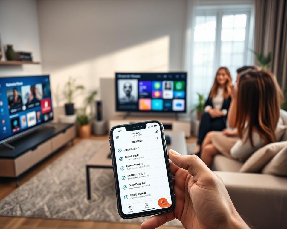 A modern living room setting with a sleek Smart TV displaying the interface of an IPTV application. In the foreground, a diverse group of three people (a man and two women) is gathered around a coffee table, discussing installation prerequisites. They are dressed in smart casual attire, exuding a professional yet relaxed vibe. The middle layer shows a close-up of a smartphone showcasing the IPTV Smarter Pro app, with installation checklists and icons visible. The background features a well-lit room with contemporary decor, including a comfortable sofa and potted plants, conveying a warm and inviting atmosphere. Soft, natural lighting streams through a window, highlighting the interaction among the group and creating a focused, collaborative mood.