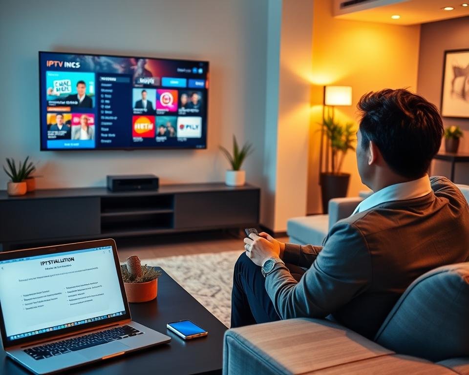 A modern living room setting with a sleek TV mounted on the wall, showcasing an IPTV interface with vibrant channels. In the foreground, a person in professional attire is sitting on a comfortable couch, intently configuring settings on a smart remote control. The middle layer features a stylish coffee table with tech gadgets like a smartphone and a laptop displaying IPTV installation instructions. The background includes warm lighting from a nearby window, subtle decorative elements like plants and minimalist artwork. The atmosphere is inviting and tech-savvy, emphasizing the ease of IPTV installation and configuration in a cozy home environment. Soft shadows and a focus on the subject create a relaxed yet informative mood.