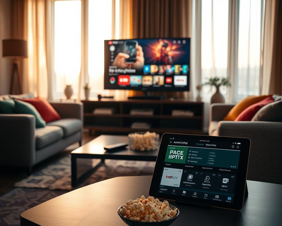 A modern living room setting with a sleek, stylish television displaying a vibrant streaming interface. The foreground features a comfortable couch adorned with colorful cushions, inviting viewers to relax. In the middle, a sleek coffee table holds a remote control, popcorn, and a tablet showing different subscription options for IPTV services. In the background, a large window with soft curtains lets in warm, natural light, creating an inviting atmosphere. The scene captures a cozy, contemporary feel, emphasizing the luxurious experience of streaming entertainment at home. The overall mood should be warm and welcoming, highlighting the abundance of streaming choices available for IPTV subscribers in France.