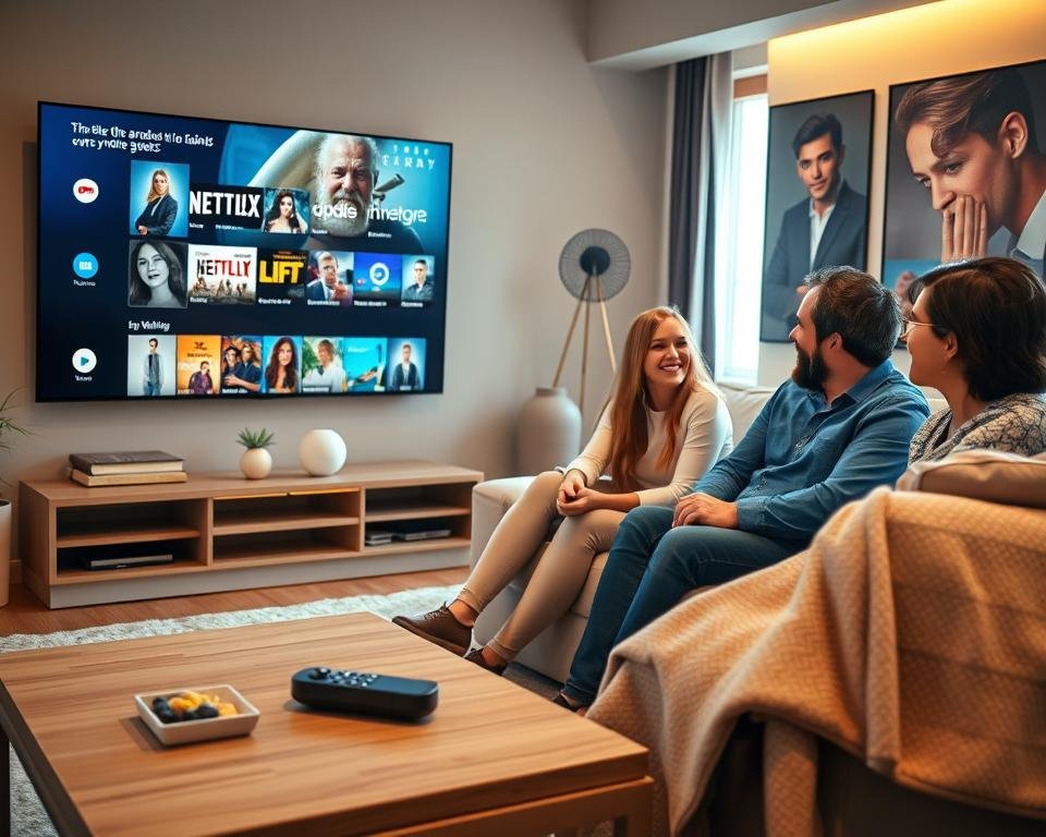 A modern living room setting with a sleek television displaying a vibrant streaming interface, showcasing various movie and show options. In the foreground, a stylish coffee table has a remote control, snacks, and a cozy blanket draped over the couch, exuding a relaxed atmosphere. The middle ground features a diverse group of three people—two adults and a teenager—enthusiastically discussing what to watch next, all dressed in casual but tidy clothing. Soft, warm lighting fills the room, with gentle sunlight filtering in from a window, creating a welcoming ambiance. The background is adorned with elegant posters of popular films and series, emphasizing the advantages of a premium streaming subscription. The overall mood is inviting and engaging, highlighting the joy of shared viewing experiences.