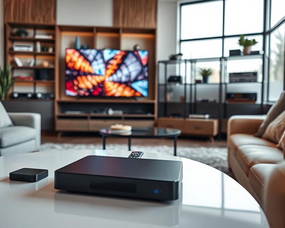A modern living room setup designed for optimized IPTV streaming, prominently featuring a sleek, smart TV displaying vivid, high-definition content. In the foreground, a stylish coffee table holds a streaming device and remote controls, while in the middle, a comfortable sofa is arranged for ideal viewing. In the background, a well-organized shelf showcases various technological devices, blending seamlessly with contemporary decor. Natural light filters through large windows, enhancing the relaxed and inviting atmosphere. The image conveys a sense of sophistication and technology, emphasizing efficiency and ease of use in optimizing your streaming experience. Use a soft focus to create a warm and homely mood, capturing the essence of a perfect entertainment space.