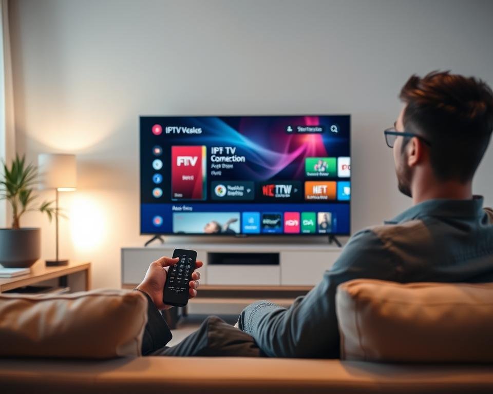 A modern living room setup featuring a sleek Smart TV displaying an IPTV connection interface. In the foreground, a person in smart casual attire is seated comfortably on a stylish couch, holding a remote control, with a focused expression. The middle ground shows the Smart TV clearly showcasing the IPTV application, with a vibrant and visually appealing user interface. In the background, soft ambient lighting creates a warm, welcoming atmosphere. The room is decorated with minimalistic furniture and plants, enhancing the modern aesthetic. The scene is captured from a slightly elevated angle, highlighting both the person and the Smart TV, emphasizing the ease of accessing streaming services. The overall mood is relaxed and tech-savvy, perfect for illustrating a tutorial on streaming service connectivity.