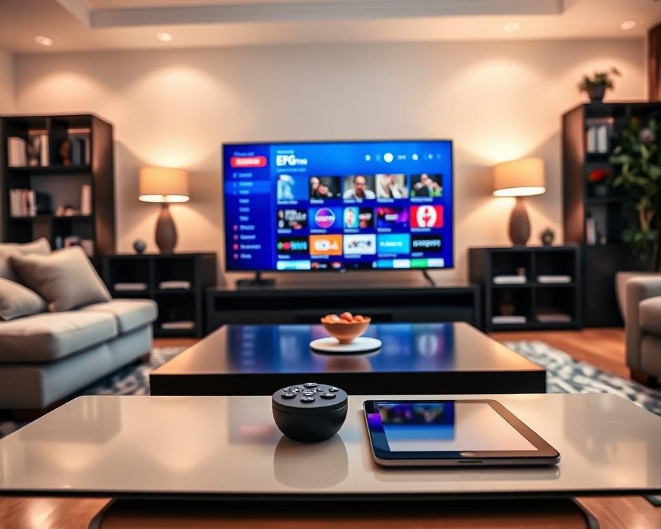 A modern living room setup featuring a sleek smart TV displaying the interface of an Electronic Program Guide (EPG) for IPTV Smarter Pro. In the foreground, a stylish coffee table with a remote control and a tablet. The middle ground showcases the TV with vibrant program listings and interactive features, while a soft couch with cushions is visible. In the background, a well-decorated bookshelf and warm lighting create a cozy atmosphere. The scene is captured in a wide-angle perspective, emphasizing the vivid colors and the user-friendly interface of the EPG. The overall mood is inviting and tech-savvy, perfect for illustrating the functionality of the guide in everyday use.