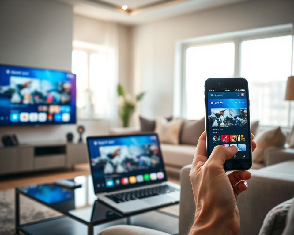 A modern living room setup featuring various devices illustrating compatibility with IPTV. In the foreground, a sleek TV displaying a vibrant streaming interface. A stylish laptop and tablet sit on a coffee table, showcasing the IPTV app interface. A smartphone held in a hand, displaying the same content. In the middle ground, a comfortable couch with neatly arranged cushions, perfect for a cozy viewing experience. The background features a well-lit room with soft natural light streaming through large windows, casting warm reflections. The overall mood is inviting and tech-savvy, emphasizing the theme of multi-device support for IPTV. Use a wide-angle view to capture the harmony between the devices and the room.