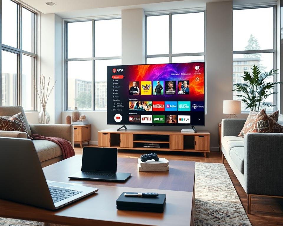 A modern living room setup showcasing a sleek smart television displaying vibrant content related to online television subscription offers. In the foreground, include a stylish coffee table with a laptop, a tablet, and a remote control, symbolizing IPTV. The middle layer should feature the widescreen TV prominently, with a dynamic interface showcasing various subscription options, filled with rich colors and attractive designs. The background includes cozy seating and decorative elements, creating an inviting atmosphere. Bright, natural lighting streams through large windows, enhancing the warm and engaging mood. The angle should be slightly elevated to capture the entire scene effectively, emphasizing the modernity and comfort of the space, with no people present.