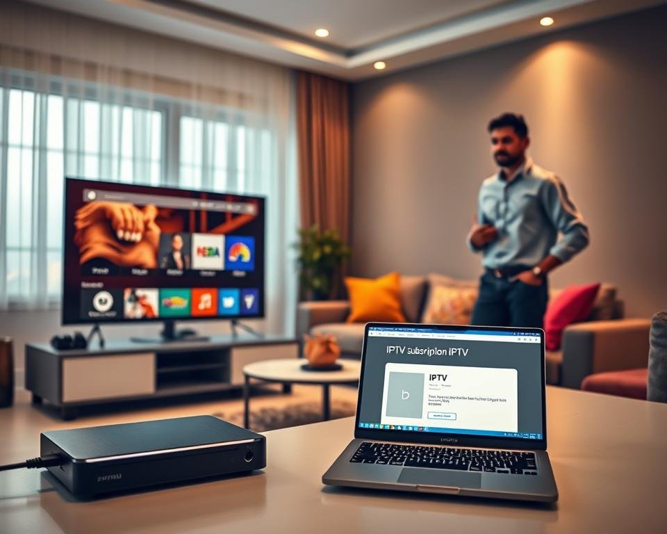 A modern living room setup showcasing the easy installation of IPTV. In the foreground, a sleek black television displaying vibrant channel icons connected to a stylish media player via HDMI cable. A professional male technician in casual yet neat attire is standing beside the TV, demonstrating the setup process. The middle ground features a cozy sofa adorned with colorful cushions and a small coffee table with a laptop displaying IPTV subscription details. In the background, soft ambient lighting enhances the warm, inviting atmosphere, with a large window letting in natural light. The overall mood conveys simplicity and efficiency, illustrating a quick and user-friendly installation experience. A modern living room setup showcasing the easy installation of IPTV. In the foreground, a sleek black television displaying vibrant channel icons connected to a stylish media player via HDMI cable. A professional male technician in casual yet neat attire is standing beside the TV, demonstrating the setup process. The middle ground features a cozy sofa adorned with colorful cushions and a small coffee table with a laptop displaying IPTV subscription details. In the background, soft ambient lighting enhances the warm, inviting atmosphere, with a large window letting in natural light. The overall mood conveys simplicity and efficiency, illustrating a quick and user-friendly installation experience.
