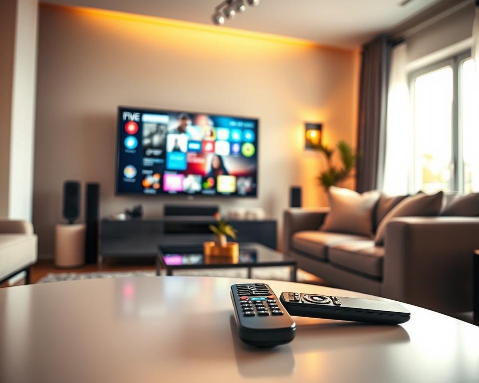 A modern living room showcasing a high-definition television displaying a vibrant IPTV interface, surrounded by comfortable furniture like a sleek sofa and a stylish coffee table. In the foreground, an elegant remote control lies on the table, symbolizing user engagement with the IPTV service. The middle ground features a cozy atmosphere with warm lighting illuminating the room softly, enhancing the feeling of relaxation. In the background, a window reveals a bright day, with light streaming in, creating a dynamic contrast against the cozy indoor setting. The overall mood is inviting and contemporary, emphasizing the convenience of IPTV subscriptions in a modern French household.