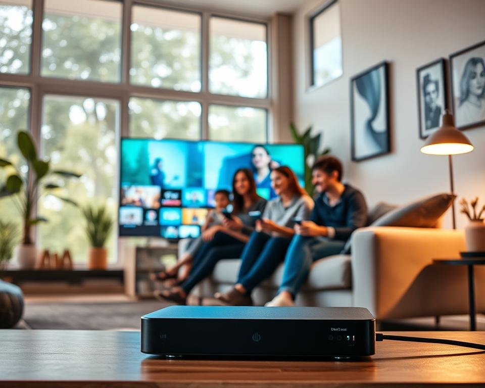 A modern living room showcasing the benefits of IPTV in France. In the foreground, a sleek TV displays vibrant streaming content, with an IPTV box stylishly positioned beside it. In the middle, a family gathered on a cozy sofa, all ages represented, dressed in smart casual attire, enjoying their time together while engaging with their devices. The background features large windows allowing natural light to flood in, reflecting a joyful, inviting atmosphere. Decorative elements include plants and modern art on the walls, enhancing the room's contemporary vibe. Soft, warm lighting creates an inviting glow, emphasizing a sense of comfort and togetherness, while the layout showcases the convenience and appeal of IPTV services. A modern living room showcasing the benefits of IPTV in France. In the foreground, a sleek TV displays vibrant streaming content, with an IPTV box stylishly positioned beside it. In the middle, a family gathered on a cozy sofa, all ages represented, dressed in smart casual attire, enjoying their time together while engaging with their devices. The background features large windows allowing natural light to flood in, reflecting a joyful, inviting atmosphere. Decorative elements include plants and modern art on the walls, enhancing the room's contemporary vibe. Soft, warm lighting creates an inviting glow, emphasizing a sense of comfort and togetherness, while the layout showcases the convenience and appeal of IPTV services.