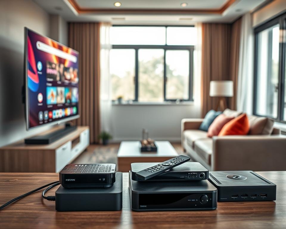 A modern living room showcasing the universal compatibility of IPTV devices. In the foreground, a sleek smart TV displays a vibrant home screen with various streaming icons. A stylish media console beneath the TV holds a range of devices, including a set-top box, a gaming console, and a streaming device, all connected with HDMI cables. In the middle, a cozy sofa adorned with colorful cushions faces the TV, with a remote control resting on the arm. The background features a window with natural light streaming in, illuminating the room and creating a warm atmosphere. The overall mood is tech-savvy and inviting, emphasizing the seamless integration of technology into everyday life. The scene is framed with a slight depth of field to draw attention to the devices and their compatibility.