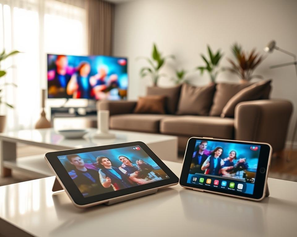 A modern living room showcasing various devices compatible with IPTV technology, including a smart TV, tablet, and smartphone, all streaming the same content. In the foreground, the smart TV displays a vibrant scene from a popular show. The tablet and smartphone are shown on a stylish coffee table, featuring a close-up of their screens with similar streaming action. The middle of the scene includes a comfortable couch set against a bright window, with soft natural light illuminating the room. In the background, decorative plants add a touch of greenery, enhancing the cozy atmosphere. The overall mood is relaxed and inviting, emphasizing connectivity and technological compatibility. Use a wide-angle lens to capture the entire space, ensuring clarity and warmth in the lighting.