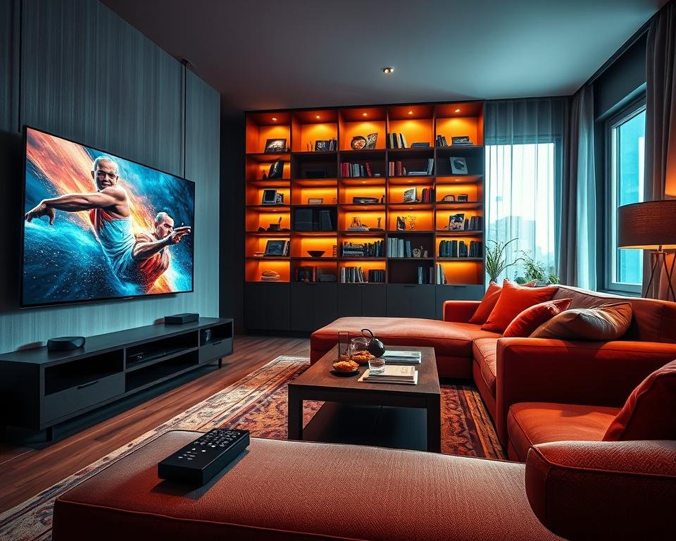 A modern living room with a large flat-screen television displaying vibrant, high-definition imagery. In the foreground, a stylish coffee table holds a remote and snacks, conveying a cozy viewing atmosphere. The middle background features a comfortable sofa with vibrant cushions, while soft ambient lighting casts a warm glow throughout the room. In a corner, a well-lit bookshelf showcases various movies and artifacts related to television culture. The overall mood is inviting and sophisticated, perfect for engaging with premium IPTV services. Use a wide-angle lens perspective to capture the entire scene, with natural light streaming through a window to enhance the feeling of premium quality. No people present, ensuring a focus on the luxurious setup.