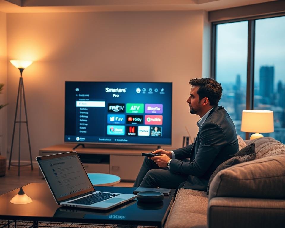 A modern living room with a sleek, flat-screen TV displaying the Smarters Pro IPTV application interface. In the foreground, a professional-looking person in business casual attire is sitting comfortably on a stylish couch, holding a remote and looking engaged. The middle layer features a coffee table with a laptop open, showing the Smarters Pro installation process. The background includes soft ambient lighting from floor lamps and large windows with a subtle view of a city skyline, creating a calming atmosphere. The lighting is warm and inviting, and the angle is slightly elevated to capture both the individual and the tech components clearly. The overall mood conveys efficiency and modernity in technology setup.